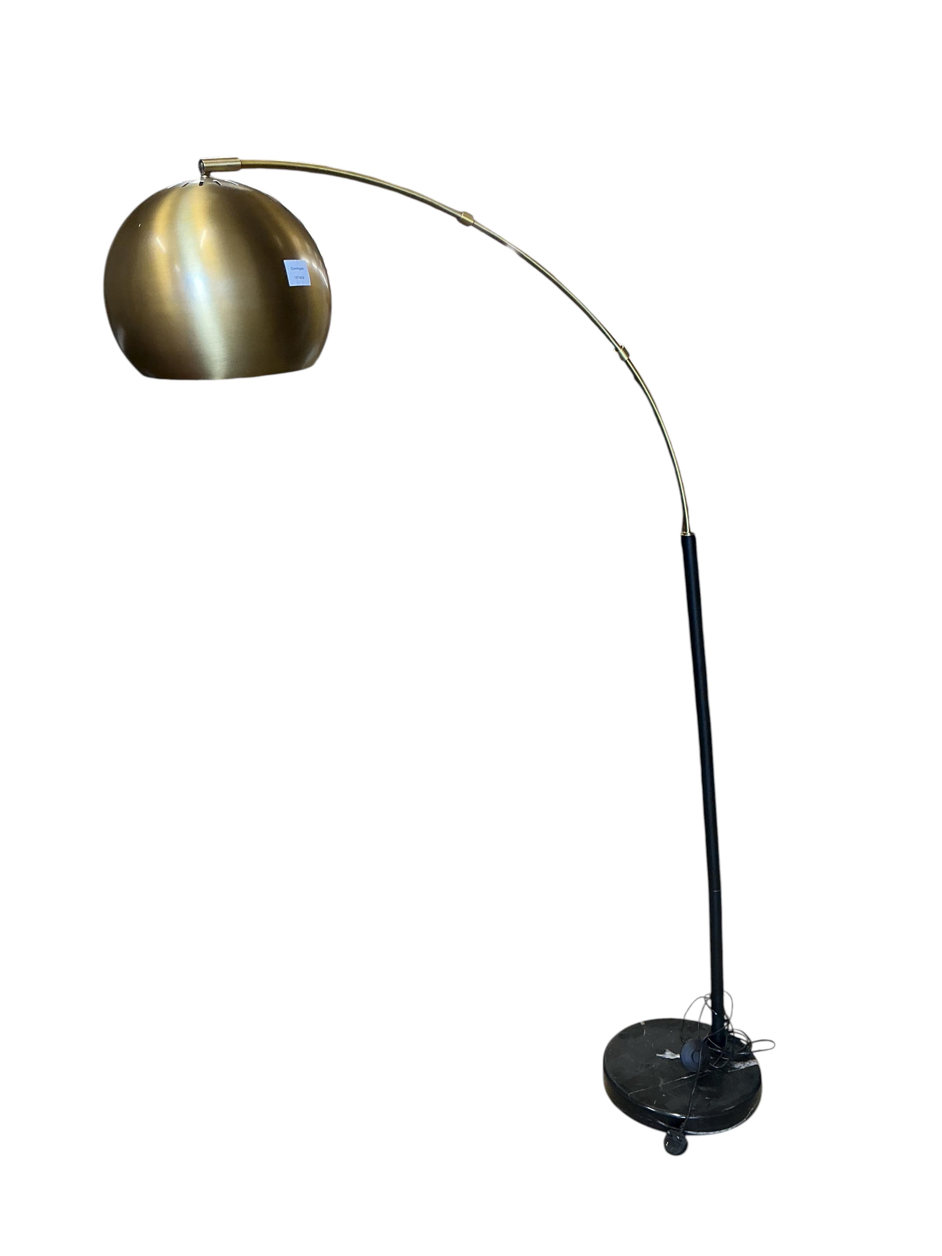 A Contemporary gilt metal and reconstituted marble arc floor lamp, height 181cm